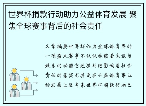 世界杯捐款行动助力公益体育发展 聚焦全球赛事背后的社会责任 世界杯捐款行动助力公益体育发展 聚焦全球赛事背后的社会责任